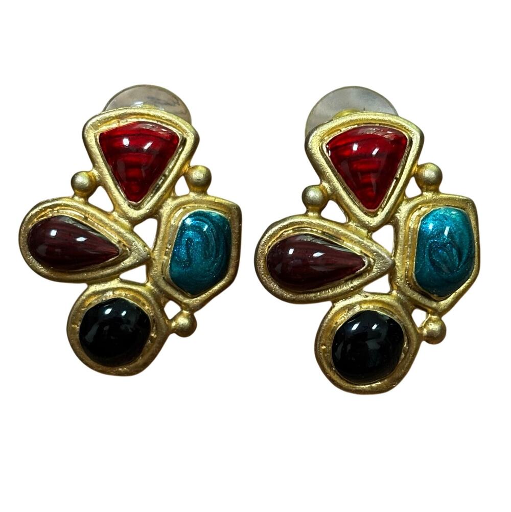 Vintage 1980’s pierced earrings chunky goldtone & gem-tone polished stones